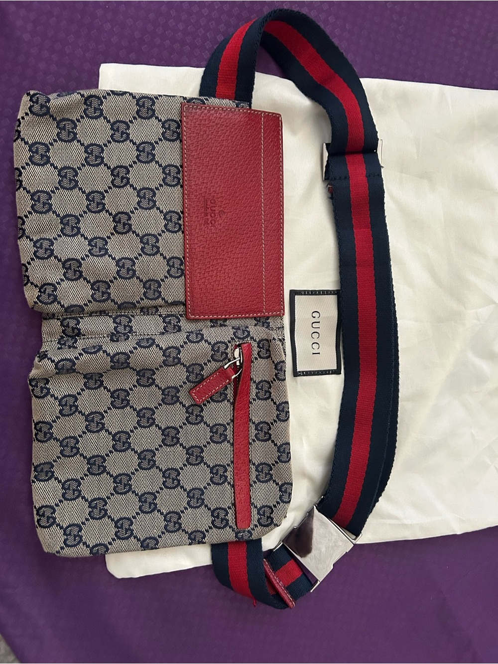 Authentic Gucci Navy Belt Bag with Red Leather Trim